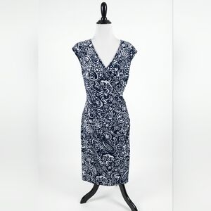 CHAPS Navy and White Floral Paisley Faux Wrap Sheath Dress